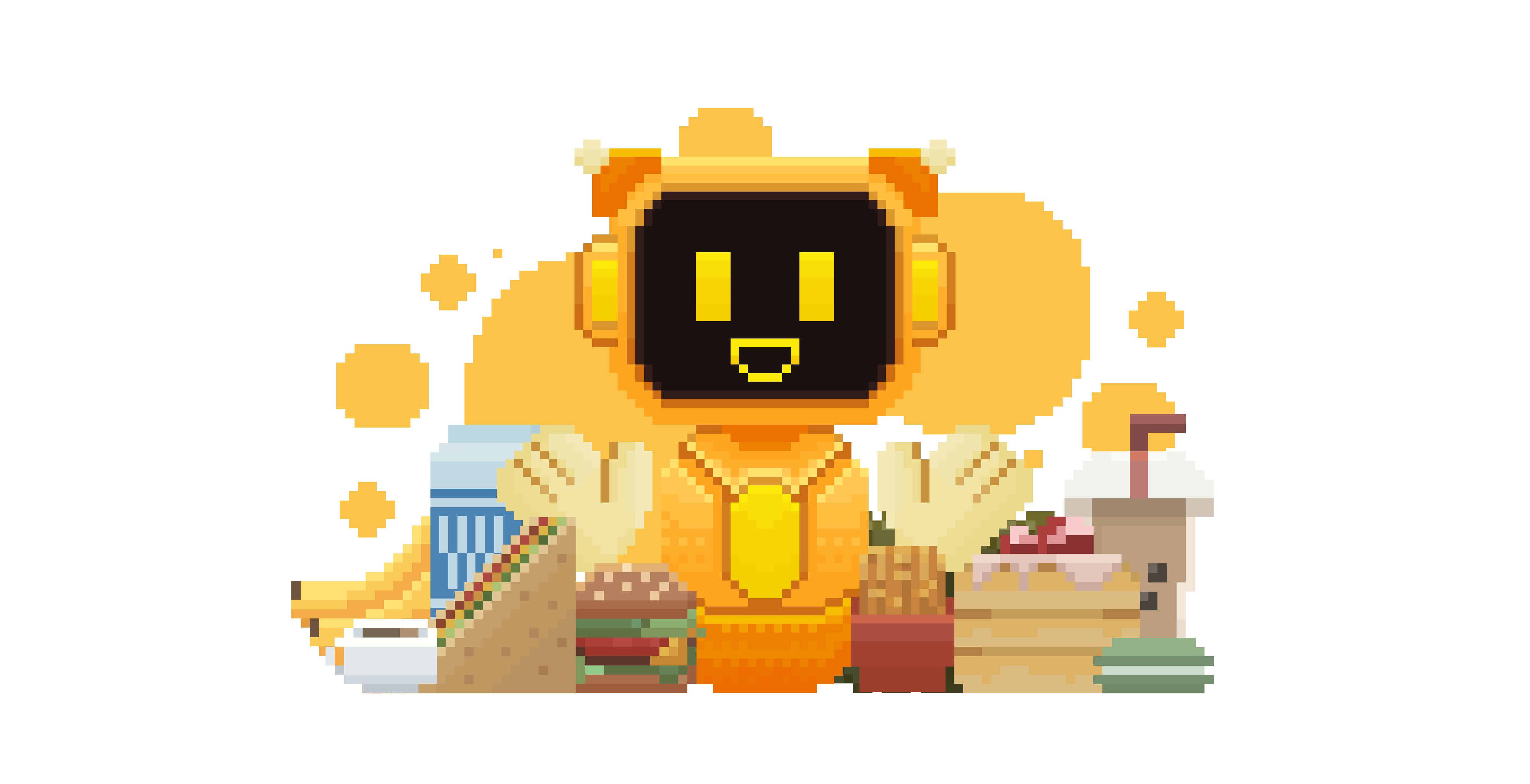 Bytey mascot with food items